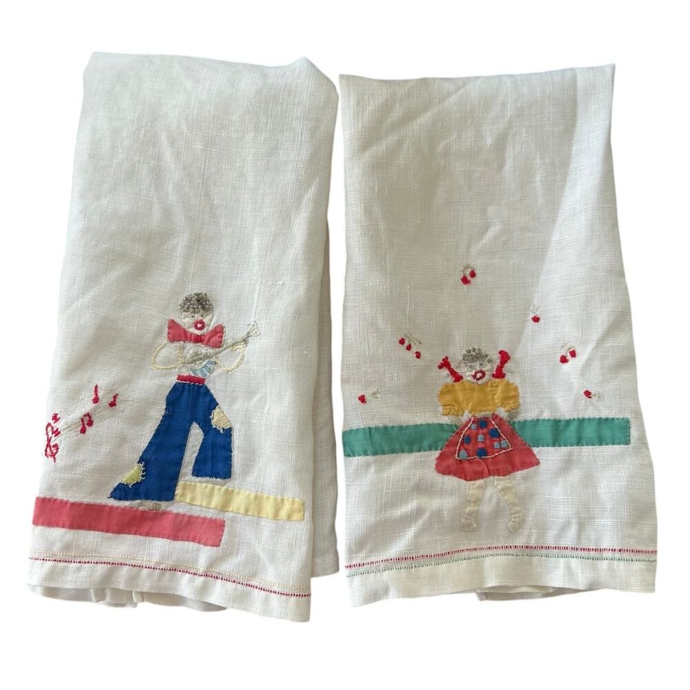 Vintage Handmade Primitive Country Shabby Chic Cross Stitch White Hand Towels